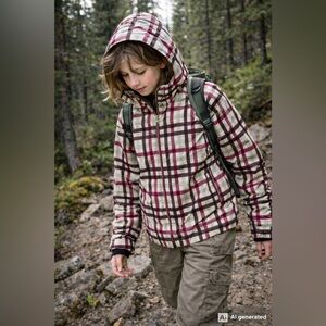 Girls Y2K Roxy Plaid Ski Jacket - Pink, Brown, Cream (size medium)